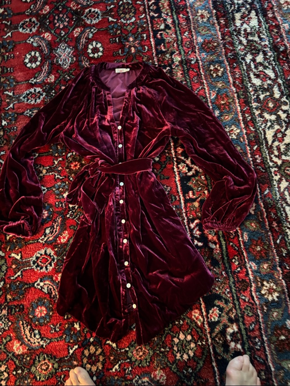 Faherty Velvet Long-Sleeve Shirt Dress in Deep Burgundy